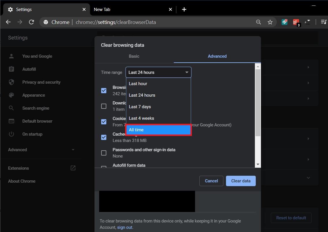 Faceți clic pe meniul derulant de lângă Interval de timp și selectați Tot timpul | Remediați conexiunea nu este eroarea privată în Chrome