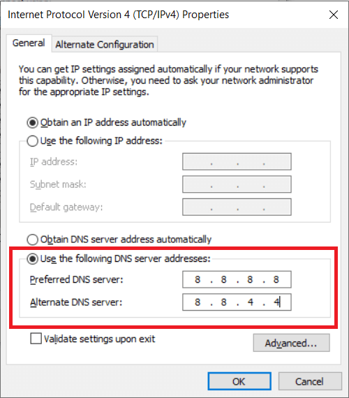 Pentru a utiliza Google Public DNS, introduceți valoarea 8.8.8.8 și 8.8.4.4 sub Server DNS preferat și Server DNS alternativ
