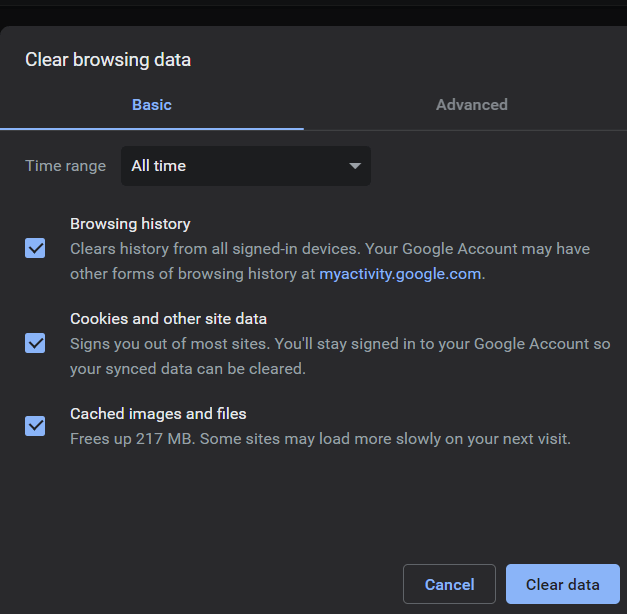 Bifați toate casetele și faceți clic pe butonul Ștergere date | Remediere – Eroare ERR_TUNNEL_CONNECTION_FAILED în Chrome