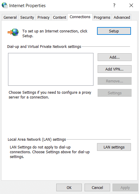 Accesați fila Conexiuni și faceți clic pe Setări LAN