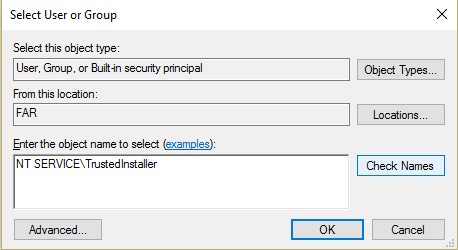 Введите NT SERVICE TrustedInstaller и нажмите «Проверить имена».