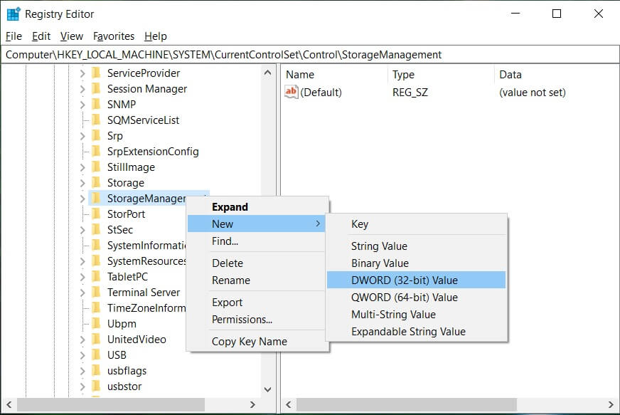 在 StorageManagement 下找到註冊表項 WriteProtect