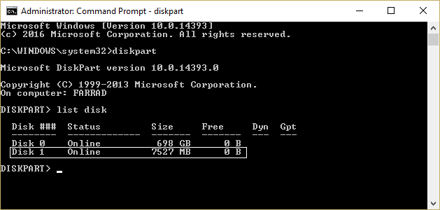 選擇您在 diskpart list disk 下列出的磁盤