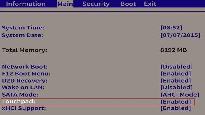 Включить сенсорную панель в настройках BIOS