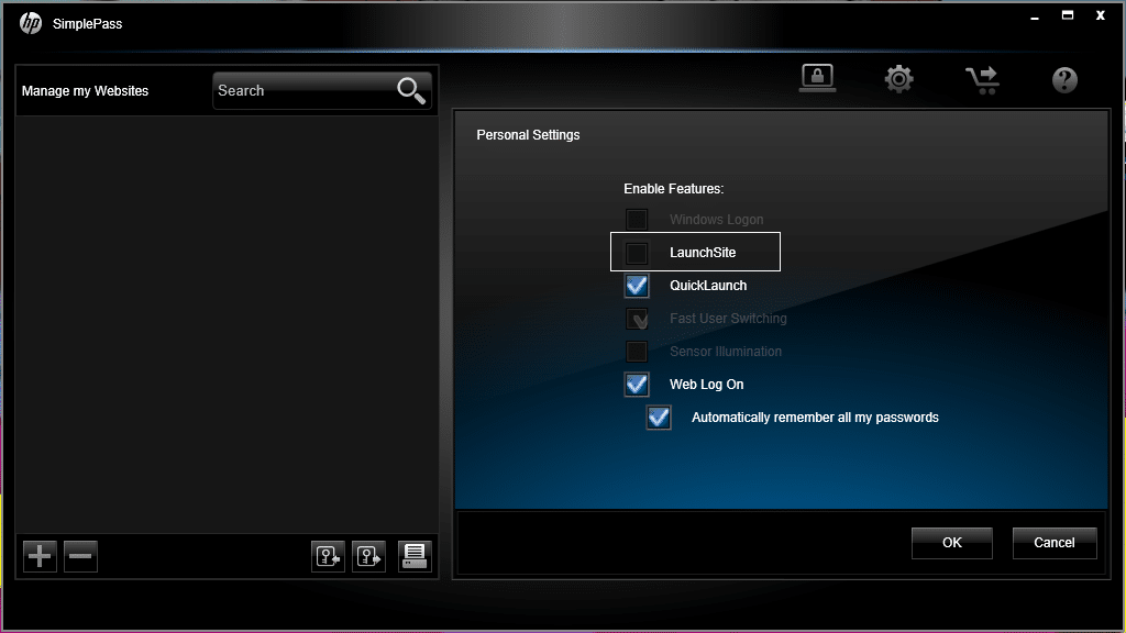 Снимите флажок LaunchSite под HP simple pass