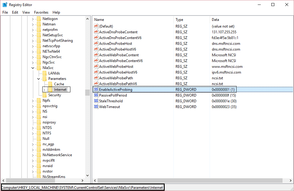 Valoarea EnableActiveProbing setată la 1