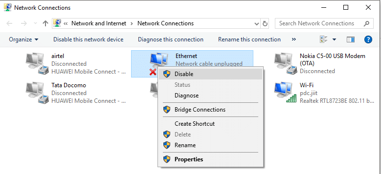 În fereastra Conexiuni de rețea, faceți clic dreapta pe placa de rețea care are problema