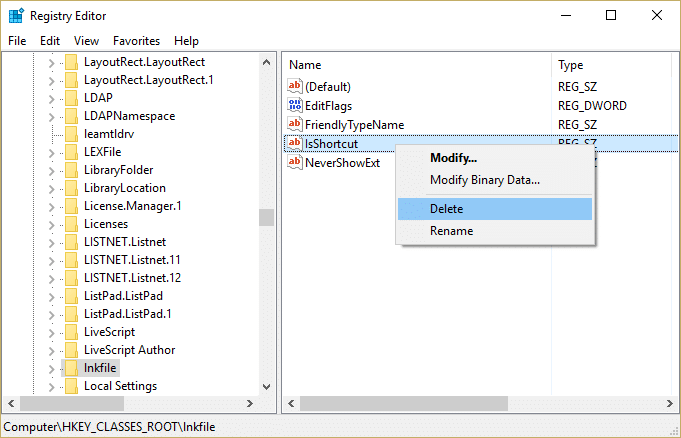 Gehen Sie zu lnkfile in HKEY_CLASSES_ROOT und löschen Sie den IsShortcut-Registrierungsschlüssel