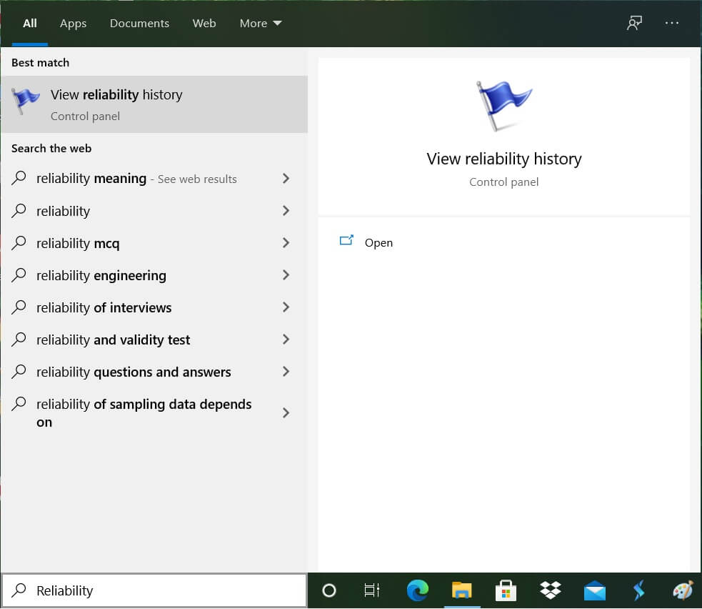 Введите «Надежность» в поиске Windows и нажмите «Монитор истории надежности».