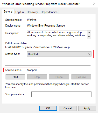 Убедитесь, что тип запуска службы отчетов об ошибках Windows отключен, и нажмите «Стоп».