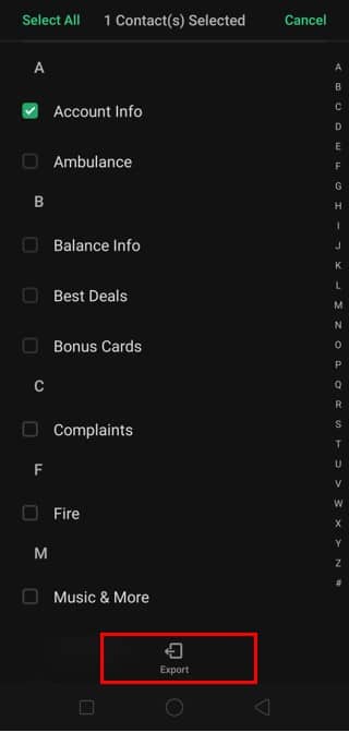 Kişileri tercih ettiğiniz bir SIM karta aktarmak için Dışa Aktar seçeneğine tıklayın.