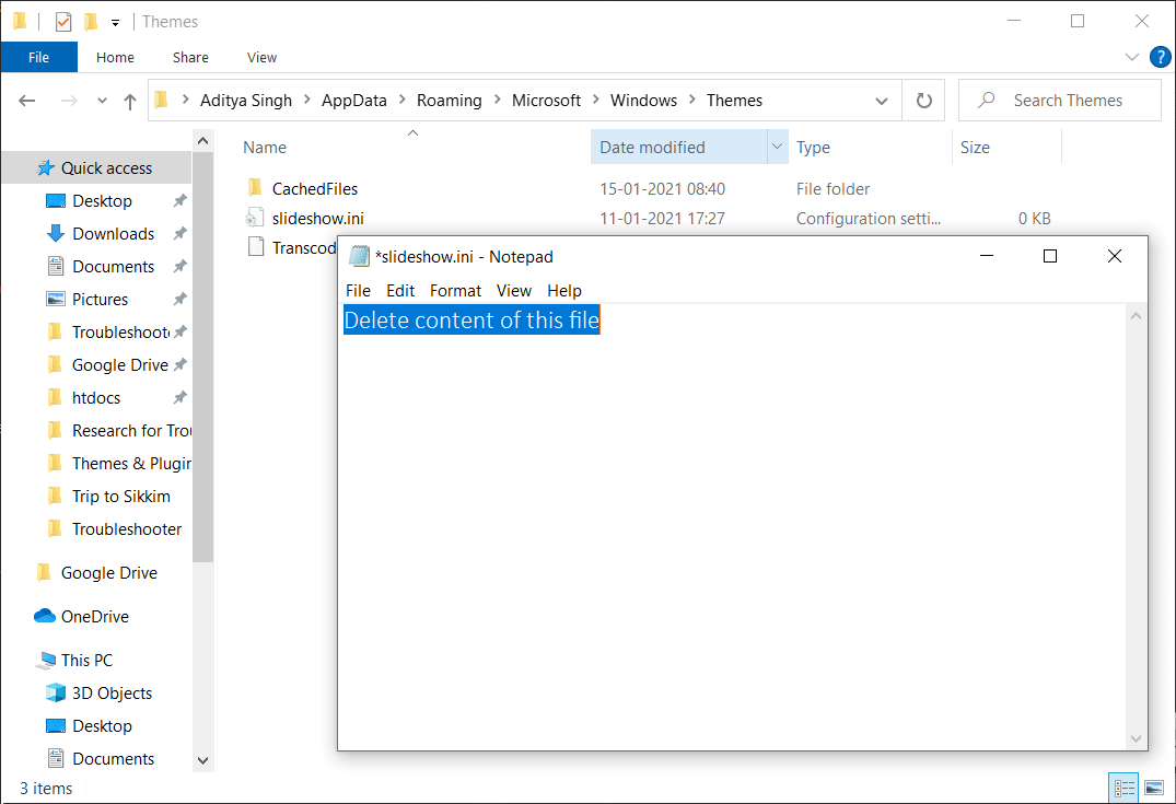 Slideshow.ini dosyasının içeriğini silin