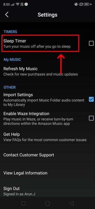 Uyku Zamanlayıcı seçeneğine ulaşana kadar kaydırmaya devam edin. | Android'de Müziği Otomatik Olarak Kapat