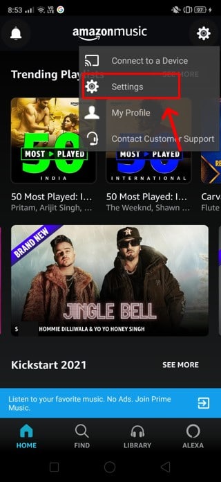 Amazon Müzik uygulamasını açın ve Ayarlar | Android'de Müziği Otomatik Olarak Kapat