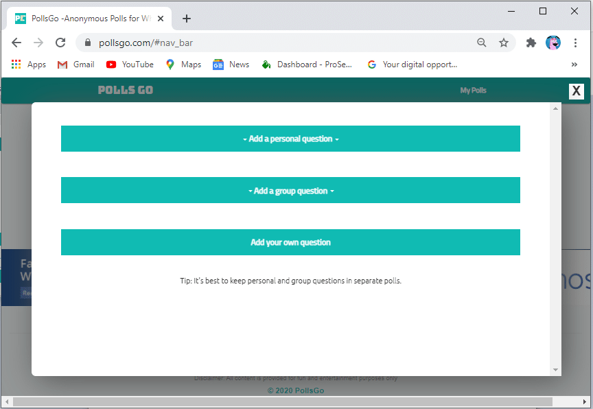 個人的な質問、グループの質問を追加して選択できる3つのオプションが表示されます