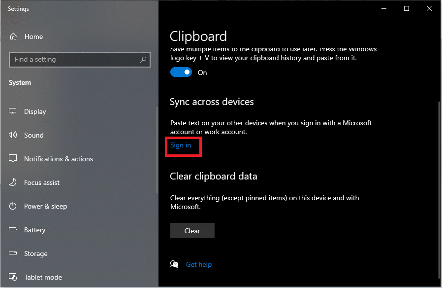 クリップボードの履歴を別のデバイスに同期する場合は、[サインイン]をクリックします。