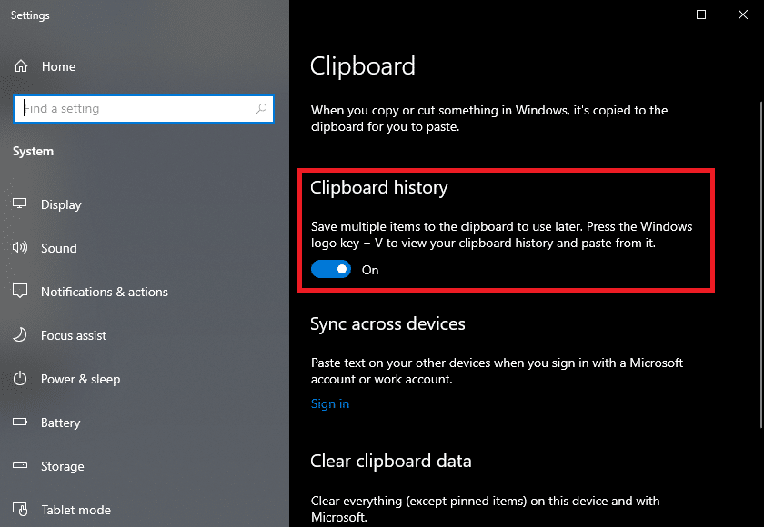 [クリップボードの履歴]オプションのトグルをオンにします。| Windowsでクリップボードの履歴を表示する