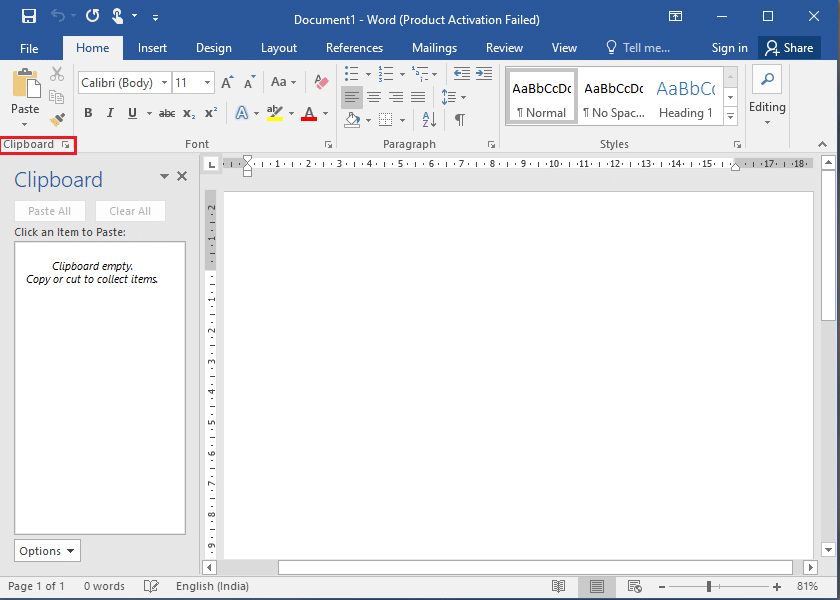 Microsoft Wordを開き、[ホーム]セクションの[クリップボード]をクリックします。 | Windowsでクリップボードの履歴を表示する