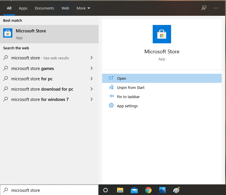 Windowsサーチバーを使用してMicrosoftストアと入力します