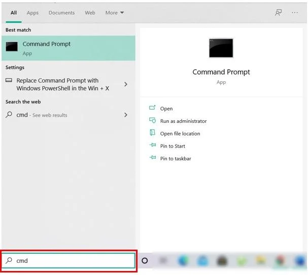 Abra o Prompt de Comando. O usuário pode realizar esta etapa pesquisando por 'cmd' e depois pressionando Enter.