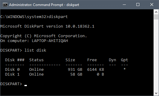 Digite o comando “list disk” e pressione enter | Como reparar ou corrigir um disco rígido corrompido usando o CMD?