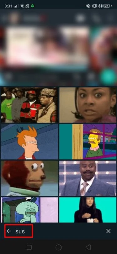 在搜索框中輸入“Sus”以查看相關 GIF 列表。