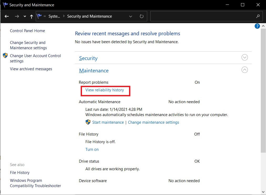 Bakım bölümünü genişletin ve "Güvenilirlik geçmişini görüntüle" seçeneğini bulun.