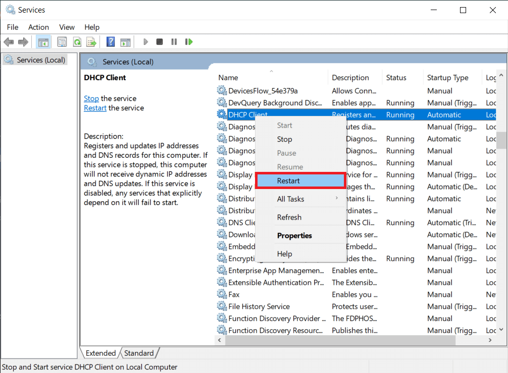 DHCP İstemcisini Yeniden Başlatın | Fix Sitesine Ulaşılamıyor, Sunucu IP'si Bulunamadı