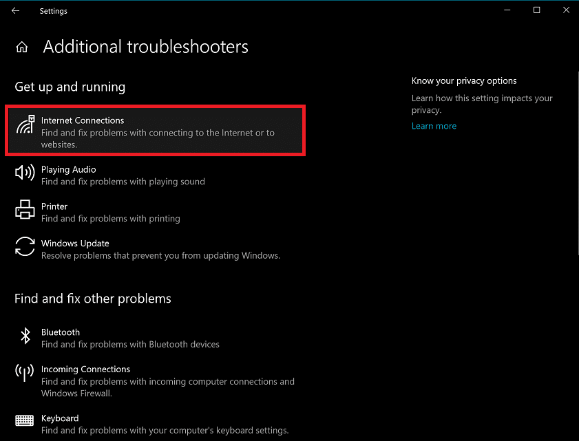 İnternet Bağlantıları sorun gidericisine tıklayın