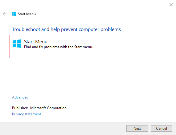 Solucionador de problemas do menu Iniciar