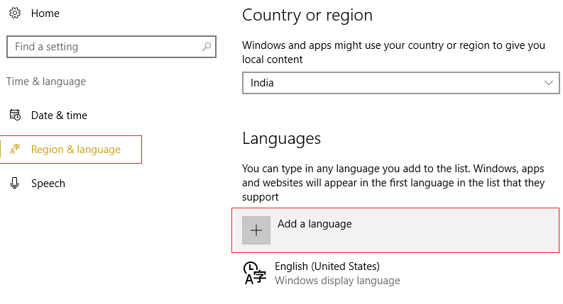 Selecione Região e idioma e, em Idiomas, clique em Adicionar um idioma
