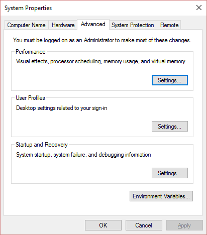 configurações avançadas do sistema