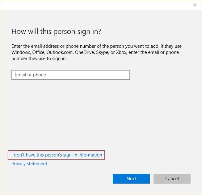 Clique em Não tenho as informações de login desta pessoa