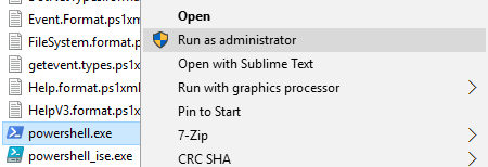 clique com o botão direito do mouse em powershell.exe e selecione Executar como administrador