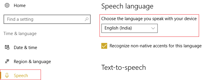 certifique-se de que o idioma de fala corresponde ao idioma selecionado em Região e idioma.
