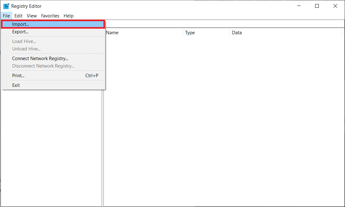 Kayıt Defteri Düzenleyicisi'ni açın ve Dosya'ya tıklayın. İçe Aktar | Windows 10'da Bozuk Kayıt Defterini Düzeltin