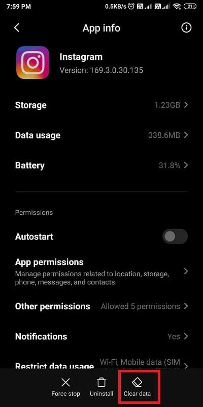 ekranın alt kısmındaki verileri temizle üzerine dokunun. | Instagram'ın çökmesi nasıl düzeltilir?