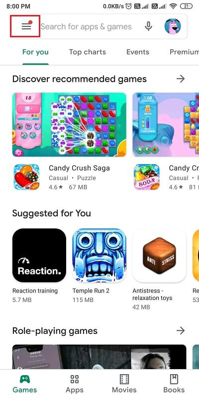 sol üstteki hamburger simgesine dokunun