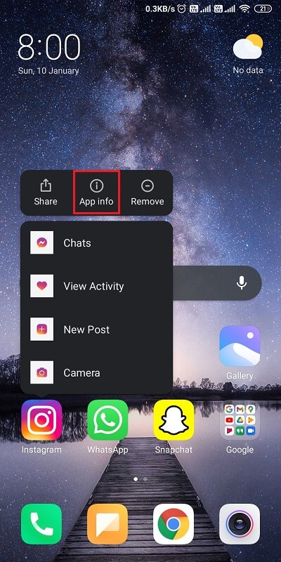 Uygulama bilgilerini açmak için Instagram uygulamasını basılı tutun. | Instagram'ın çökmesi nasıl düzeltilir?
