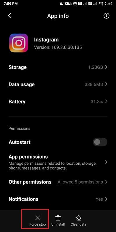 Uygulama bilgisinde, zorla durdurma düğmesine dokunun