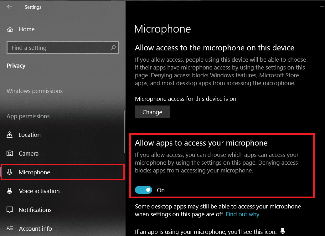 單擊麥克風，然後將允許應用程序訪問您的麥克風的切換開關設置為開