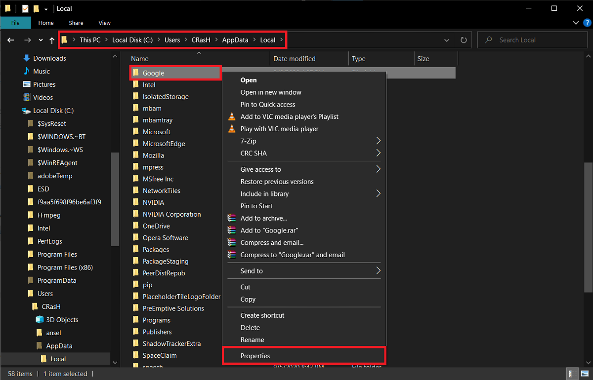 找到 Google 子文件夾並右鍵單擊它。選擇屬性
