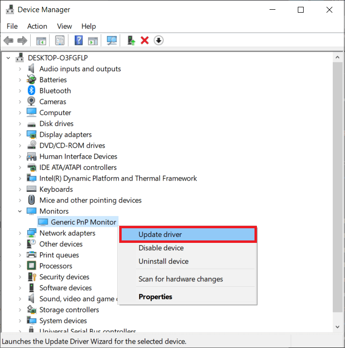 Generic PnP Monitor'e sağ tıklayın, Sürücü Güncelle'yi seçin.