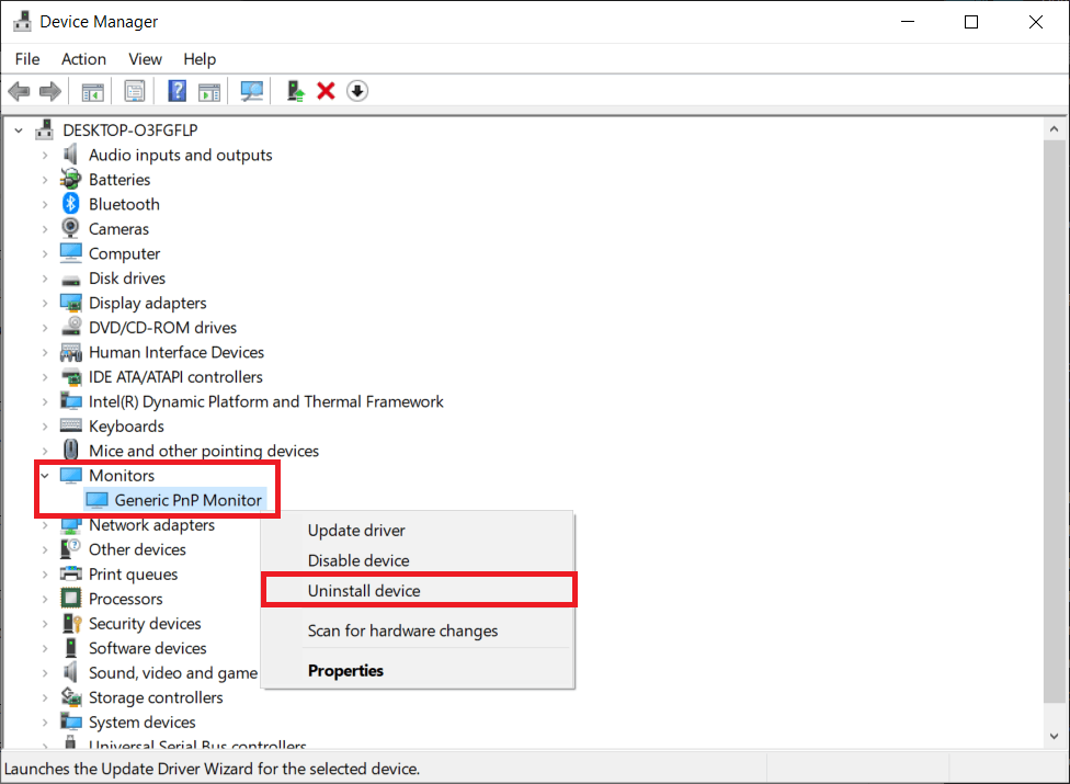 Generic PnP Monitor'e sağ tıklayın ve Cihazı kaldır'ı seçin. | Windows 10'da Genel PnP Monitör sorununu düzeltin