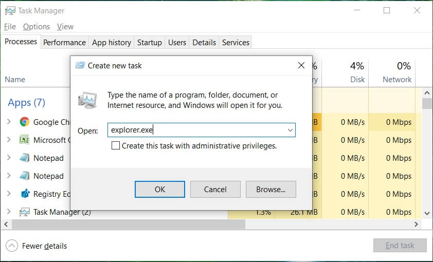 Введите explorer.exe и нажмите OK, чтобы перезапустить проводник.