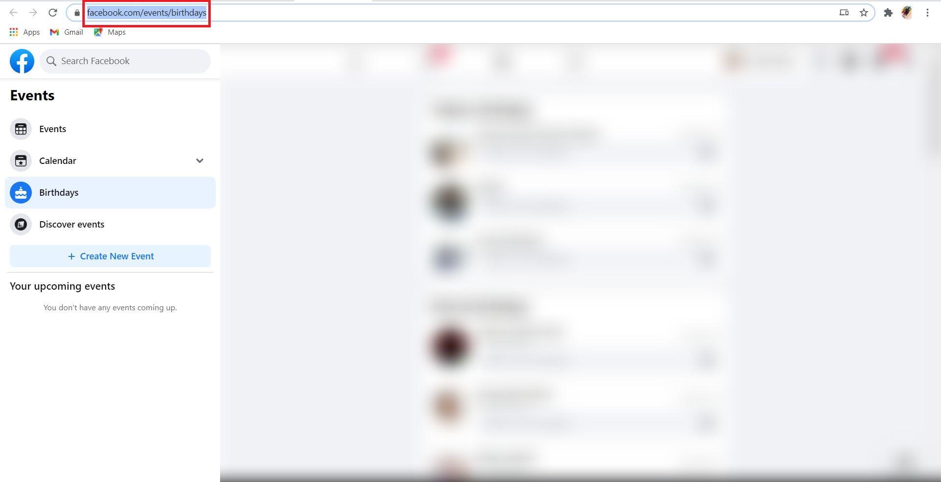 digite facebook.comeventsbirthdays na guia URL para navegar até a página Aniversários.