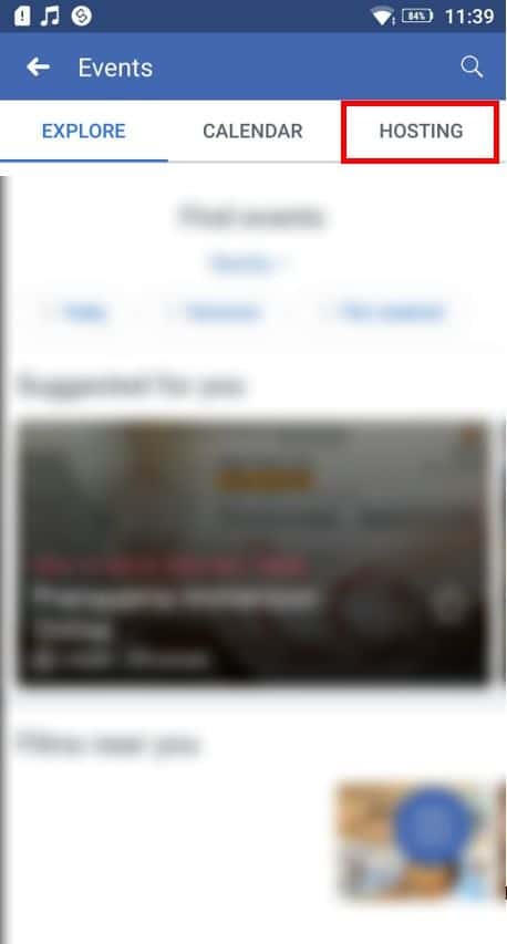 Em Eventos, você pode visualizar guias que incluem Explorar, Calendário e Hospedagem. | Como encontrar aniversários no aplicativo do Facebook?