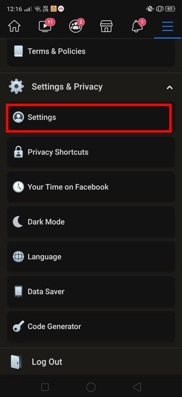 Toque na opção Configurações aqui. | Como encontrar aniversários no aplicativo do Facebook?