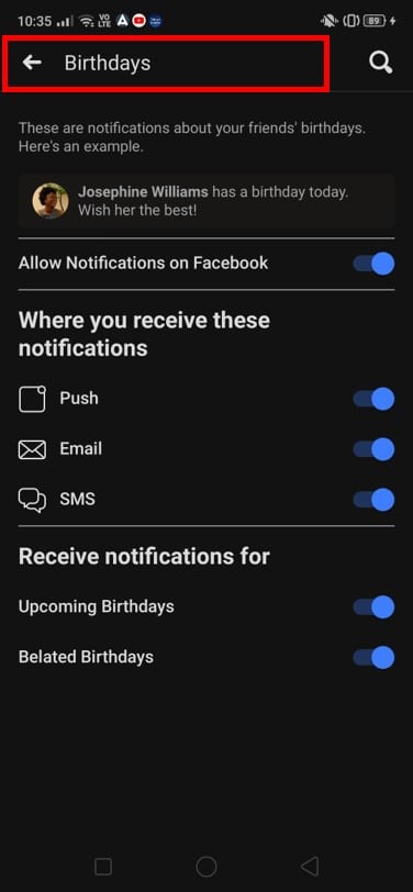 Ative as alternâncias que indicam as várias opções para receber notificações de aniversários de seus amigos