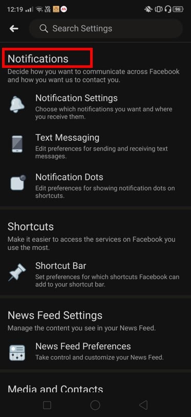 Continue rolando até chegar à opção Notificações.